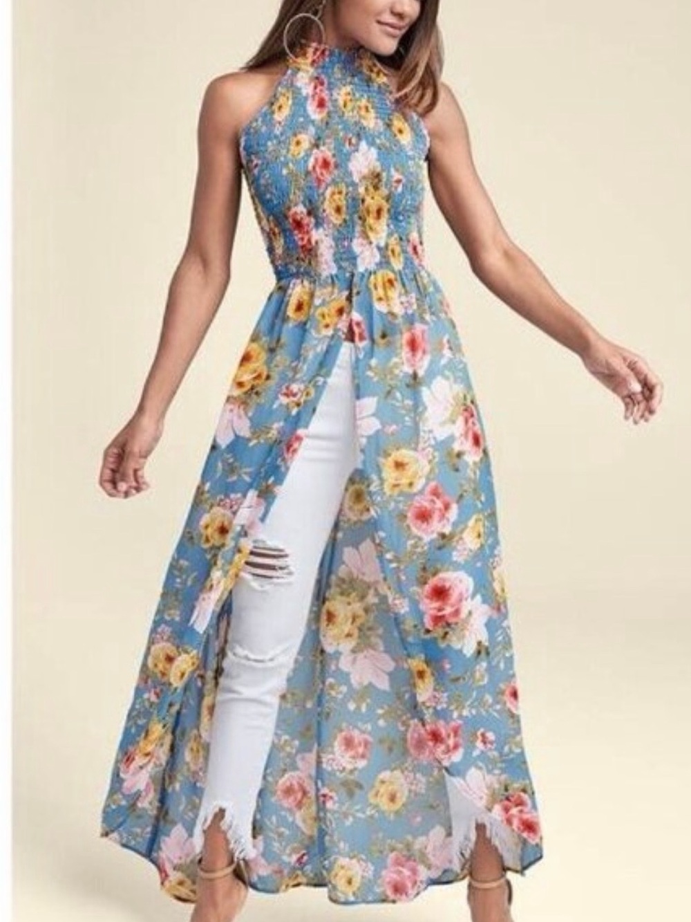 VENUS Blue Multi Smocked Maxi Top